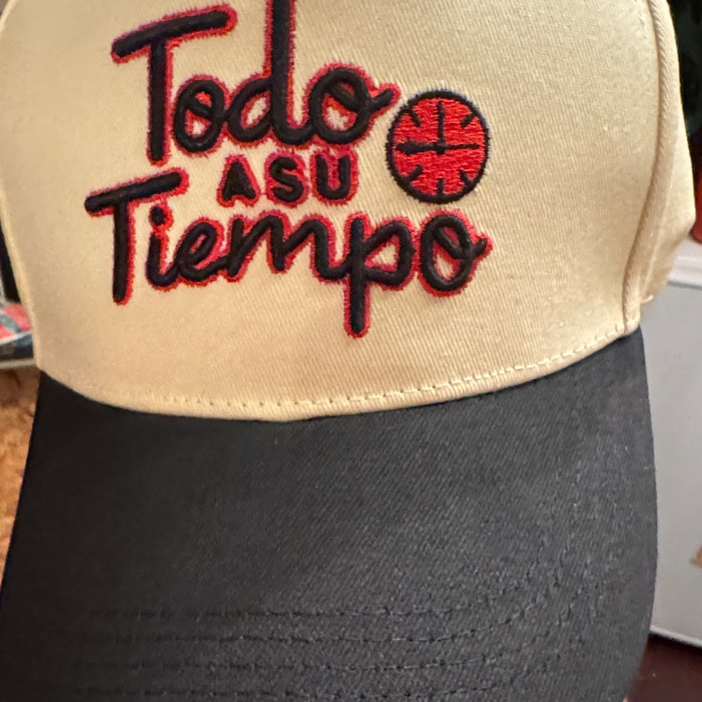 Beige and Black Cap with Red Embroidery